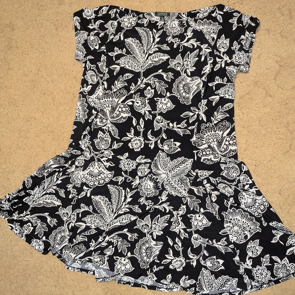 Genuine Ralph Lauren Black and White Paisley Stretch Jersey Dress